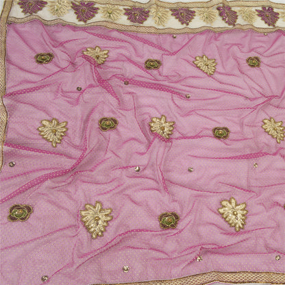 Sanskriti Vintage Pink Dupatta Long Stole Net Mesh Hand Beaded Mukeish Work Veil