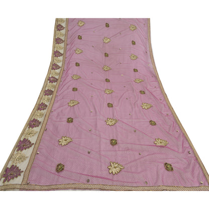 Sanskriti Vintage Pink Dupatta Long Stole Net Mesh Hand Beaded Mukeish Work Veil