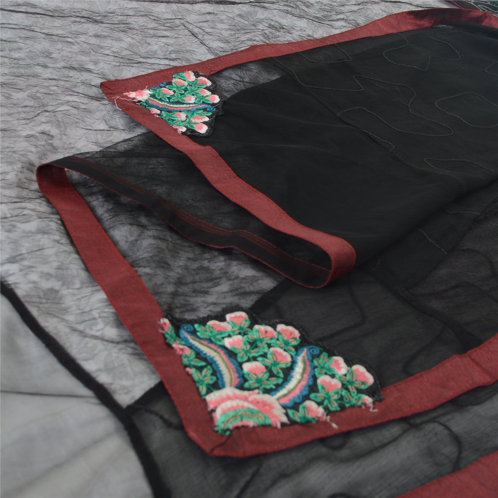 Sanskriti Vintage Dupatta Long Scarf Net Black Hijab Hand Embroidered Sequins Patch Veil Bohemian Fabric Dressmaking, Craft Supplies