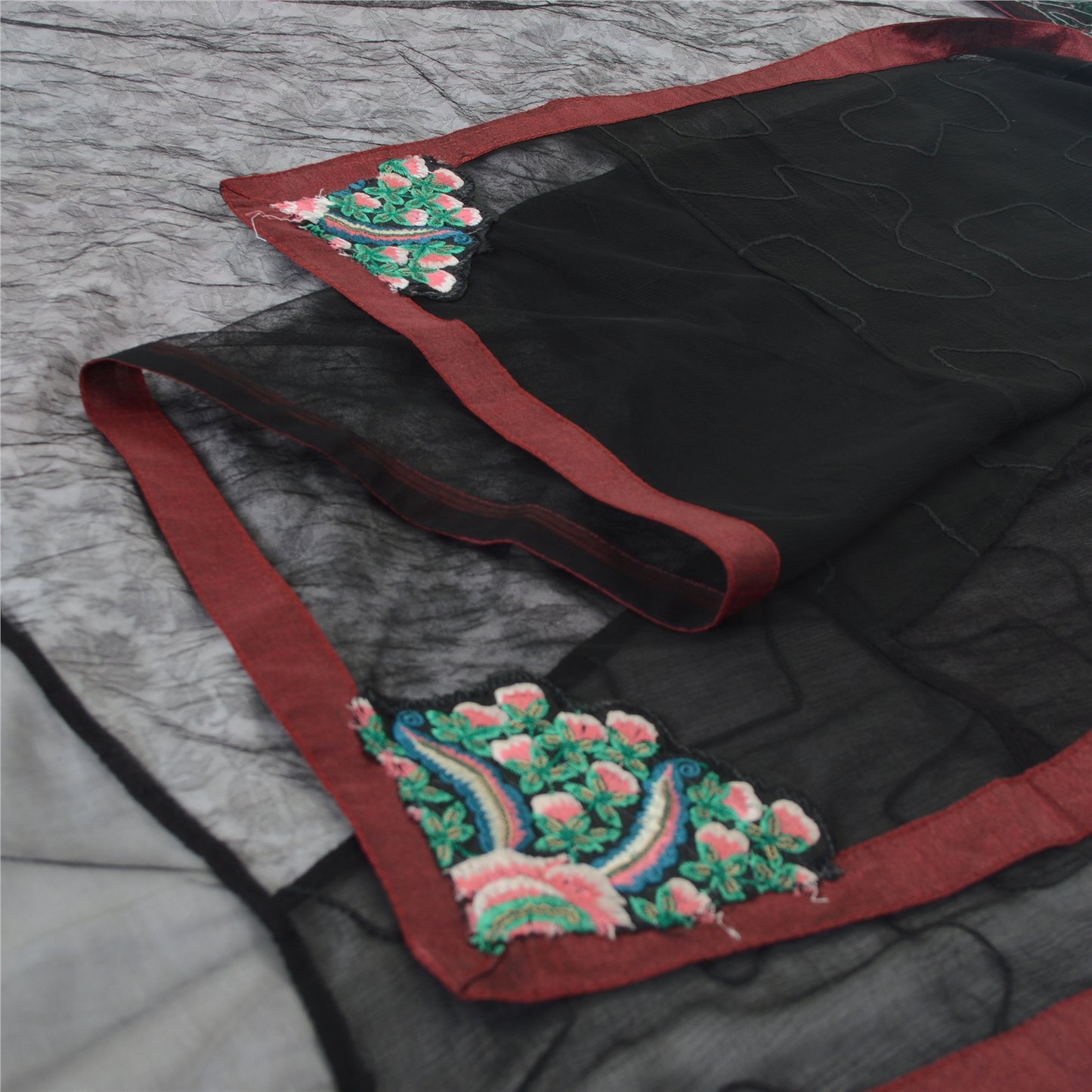 Sanskriti Vintage Dupatta Long Scarf Net Black Hijab Hand Embroidered Sequins Patch Veil Bohemian Fabric Dressmaking, Craft Supplies
