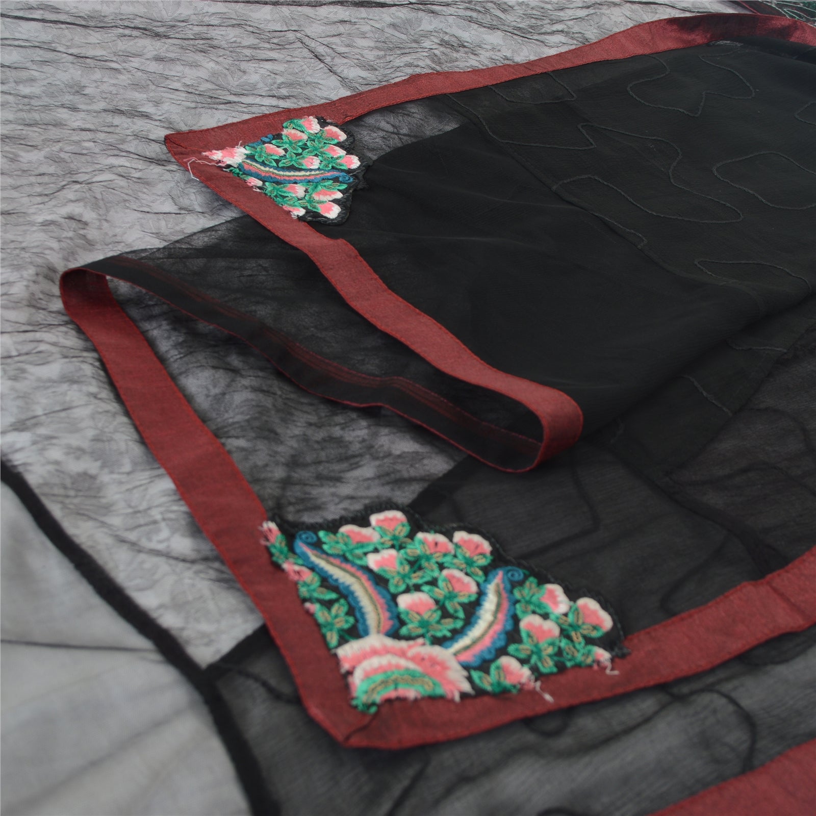 Sanskriti Vintage Dupatta Long Scarf Net Black Hijab Hand Embroidered Sequins Patch Veil Bohemian Fabric Dressmaking, Craft Supplies