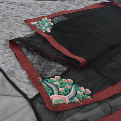 Sanskriti Vintage Dupatta Long Scarf Net Black Hijab Hand Embroidered Sequins Patch Veil Bohemian Fabric Dressmaking, Craft Supplies
