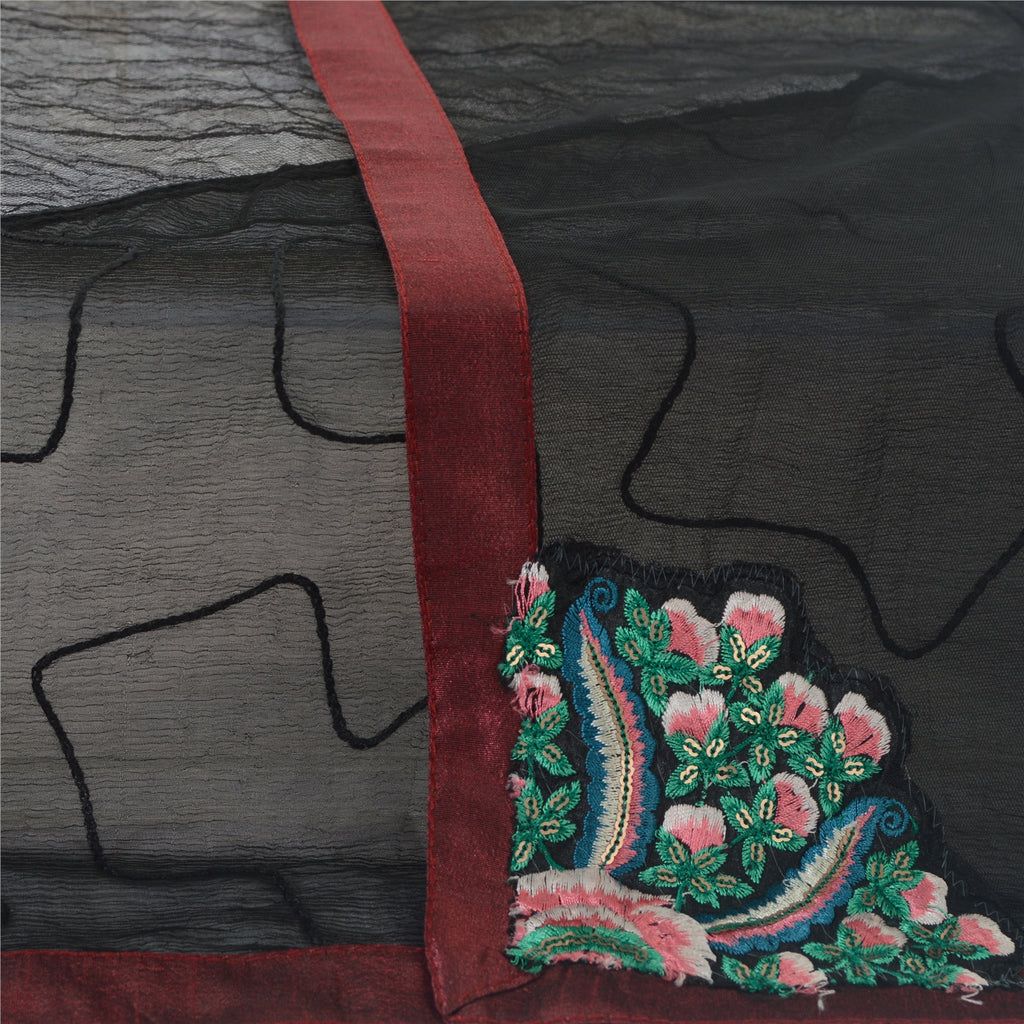 Sanskriti Vintage Dupatta Long Scarf Net Black Hijab Hand Embroidered Sequins Patch Veil Bohemian Fabric Dressmaking, Craft Supplies