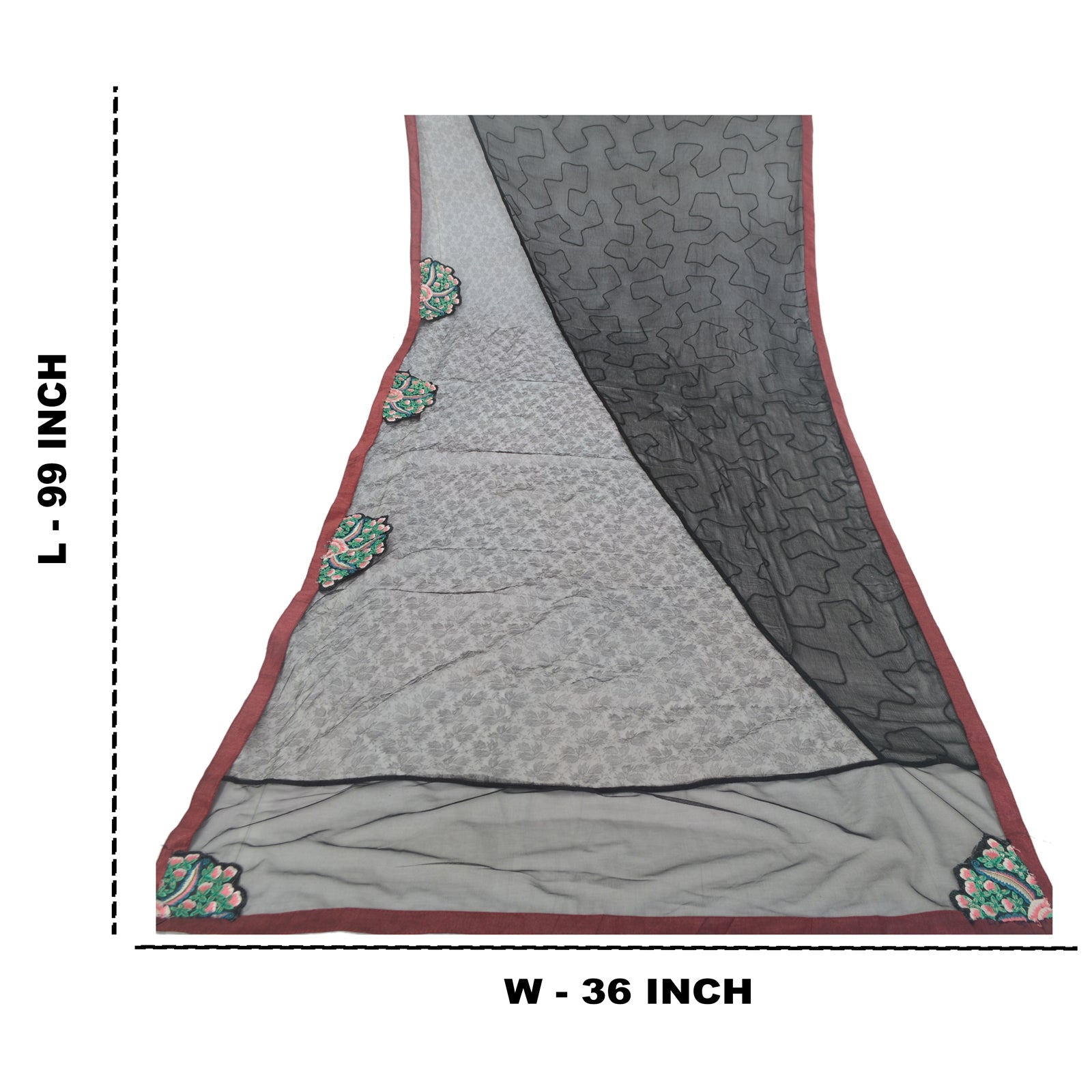 Sanskriti Vintage Dupatta Long Scarf Net Black Hijab Hand Embroidered Sequins Patch Veil Bohemian Fabric Dressmaking, Craft Supplies