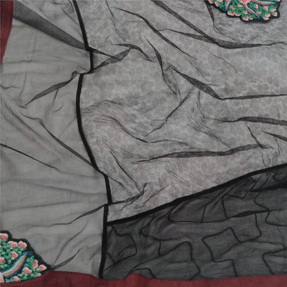 Sanskriti Vintage Dupatta Long Stole Net Mesh Black Hijab Hand Embroidered Veil