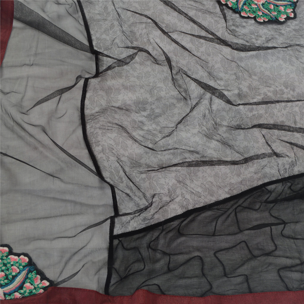 Sanskriti Vintage Dupatta Long Scarf Net Black Hijab Hand Embroidered Sequins Patch Veil Bohemian Fabric Dressmaking, Craft Supplies