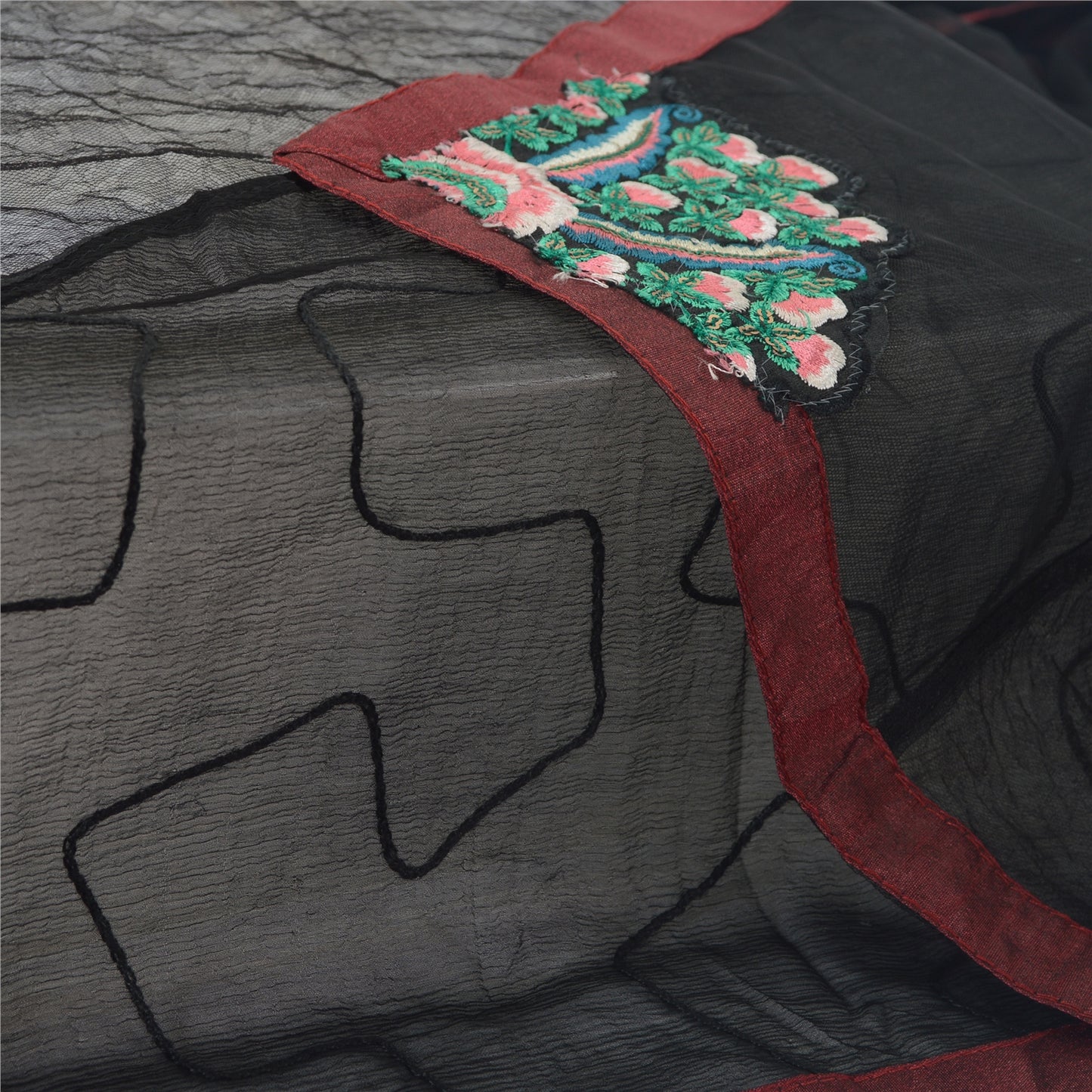 Sanskriti Vintage Dupatta Long Stole Net Mesh Black Hijab Hand Embroidered Veil