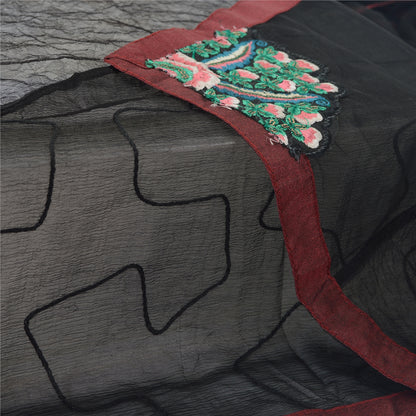 Sanskriti Vintage Dupatta Long Stole Net Mesh Black Hijab Hand Embroidered Veil