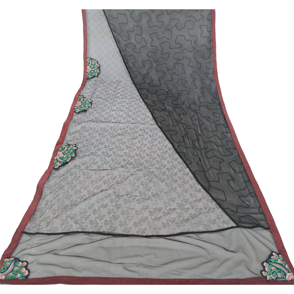 Sanskriti Vintage Dupatta Long Scarf Net Black Hijab Hand Embroidered Sequins Patch Veil Bohemian Fabric Dressmaking, Craft Supplies