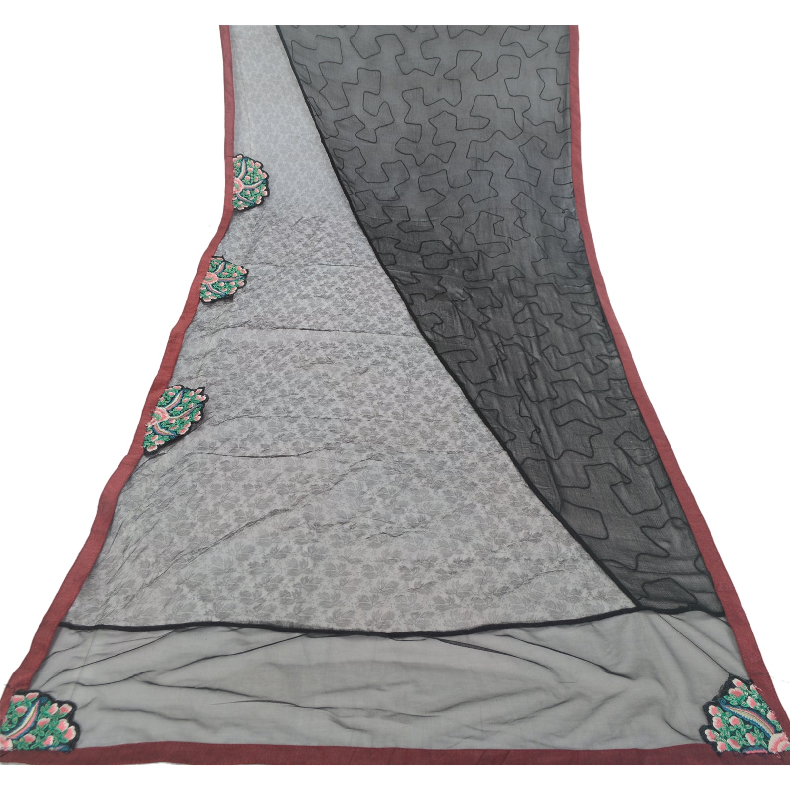 Sanskriti Vintage Dupatta Long Scarf Net Black Hijab Hand Embroidered Sequins Patch Veil Bohemian Fabric Dressmaking, Craft Supplies