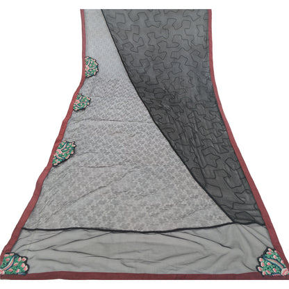 Sanskriti Vintage Dupatta Long Scarf Net Black Hijab Hand Embroidered Sequins Patch Veil Bohemian Fabric Dressmaking, Craft Supplies