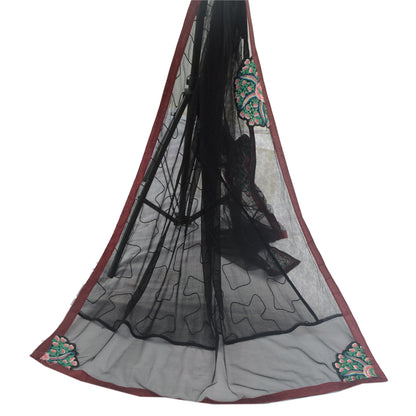 Sanskriti Vintage Dupatta Long Scarf Net Black Hijab Hand Embroidered Sequins Patch Veil Bohemian Fabric Dressmaking, Craft Supplies