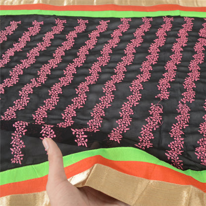 Sanskriti Vintage Black Dupatta Long Pure Georgette Silk Embroidered Wrap Veil Design- Dresses, Kaftans, Skirts, or Blouses