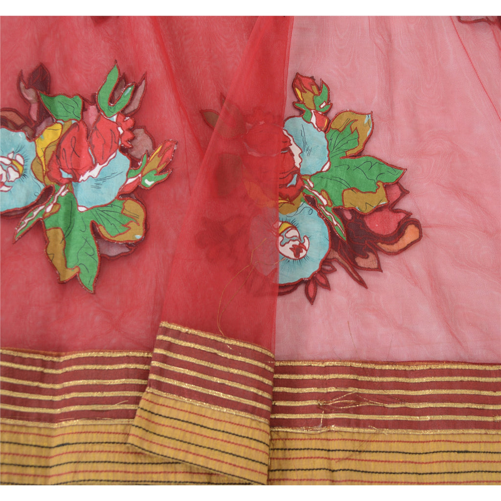 Sanskriti Vintage Dark Red Dupatta Long Stole Net Mesh Embroidered Wrap Scarves