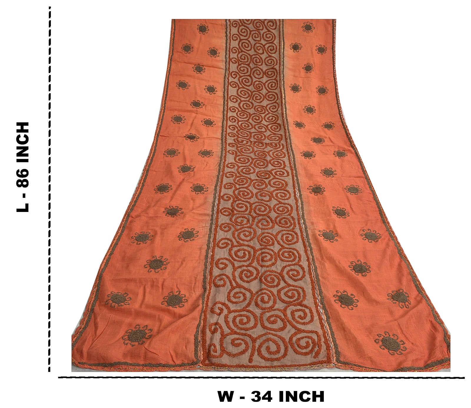 Sanskriti Vintage Dupatta Long Stole Cotton Silk Orange & Brown Hand Embroidered