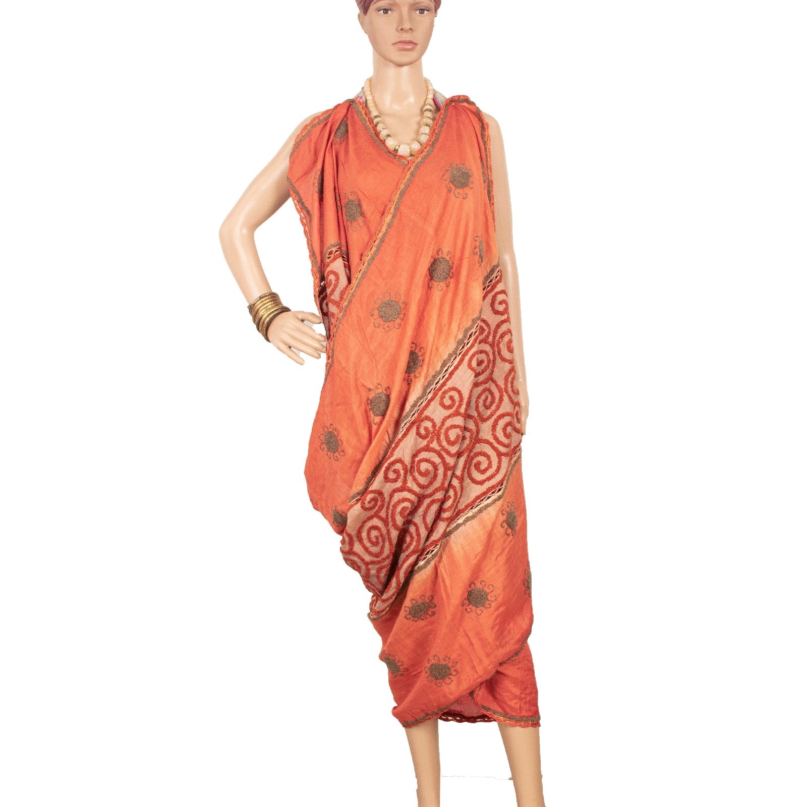 Sanskriti Vintage Dupatta Long Stole Cotton Silk Orange & Brown Hand Embroidered