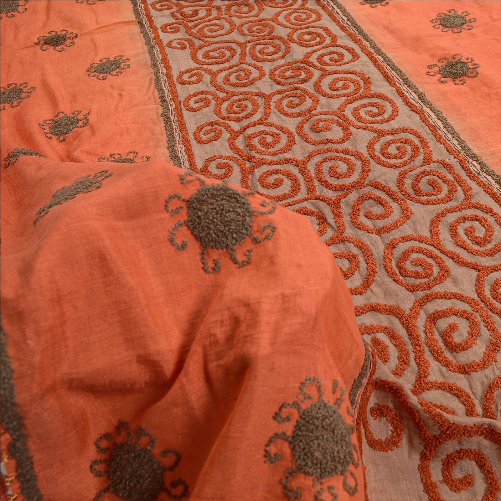 Sanskriti Vintage Dupatta Long Stole Cotton Silk Orange & Brown Hand Embroidered