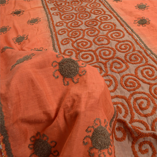Sanskriti Vintage Dupatta Long Stole Cotton Silk Orange & Brown Hand Embroidered