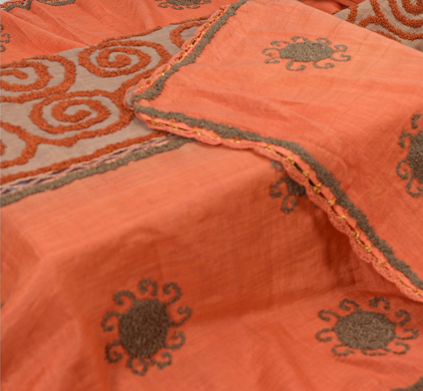 Sanskriti Vintage Dupatta Long Stole Cotton Silk Orange & Brown Hand Embroidered
