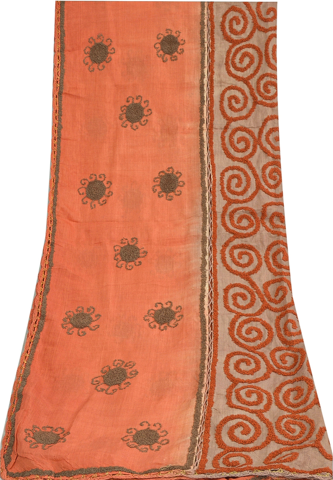 Sanskriti Vintage Dupatta Long Stole Cotton Silk Orange & Brown Hand Embroidered