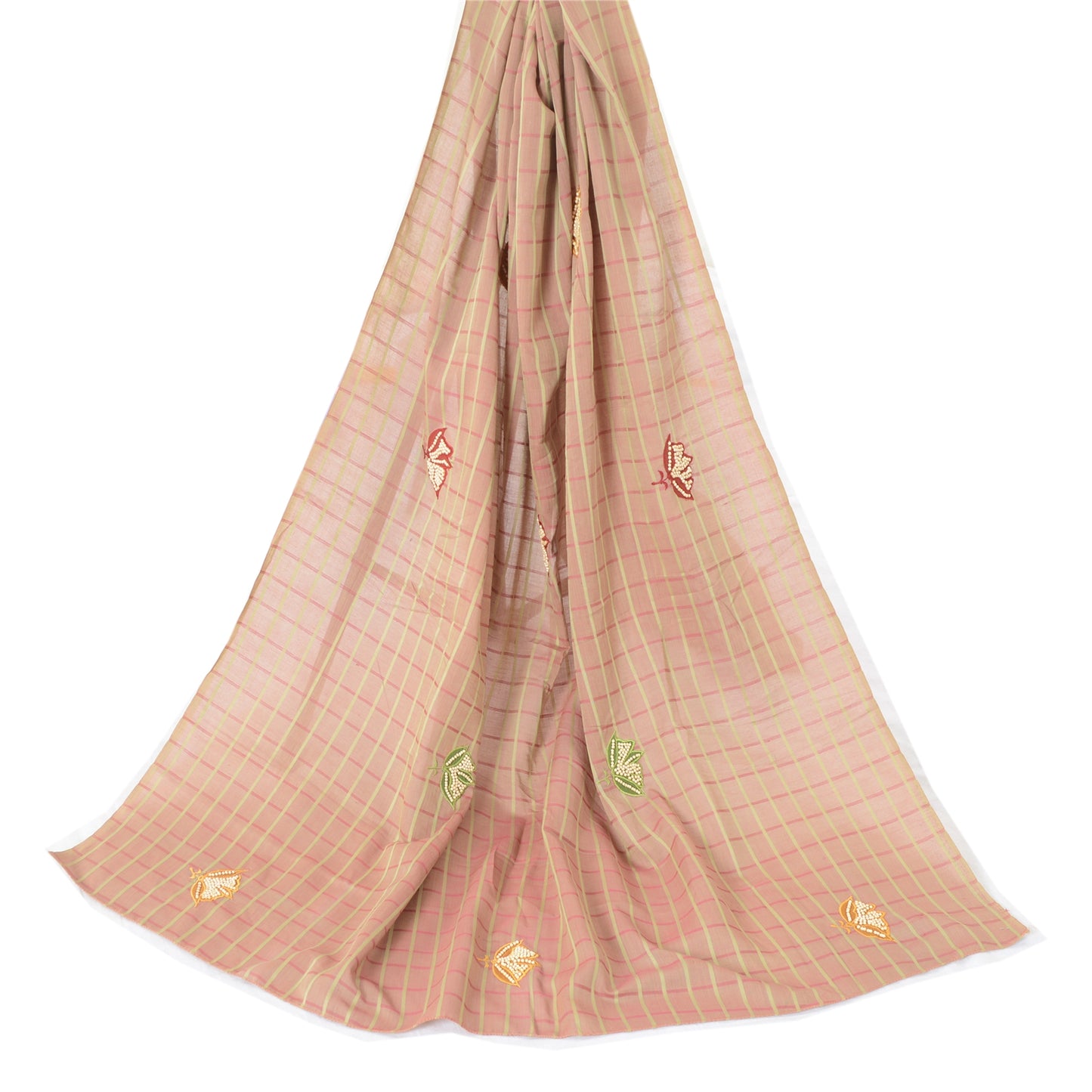 Vintage Dupatta Long Scarf Blend Cotton Brown Hijab Hand Beaded Woven Stole