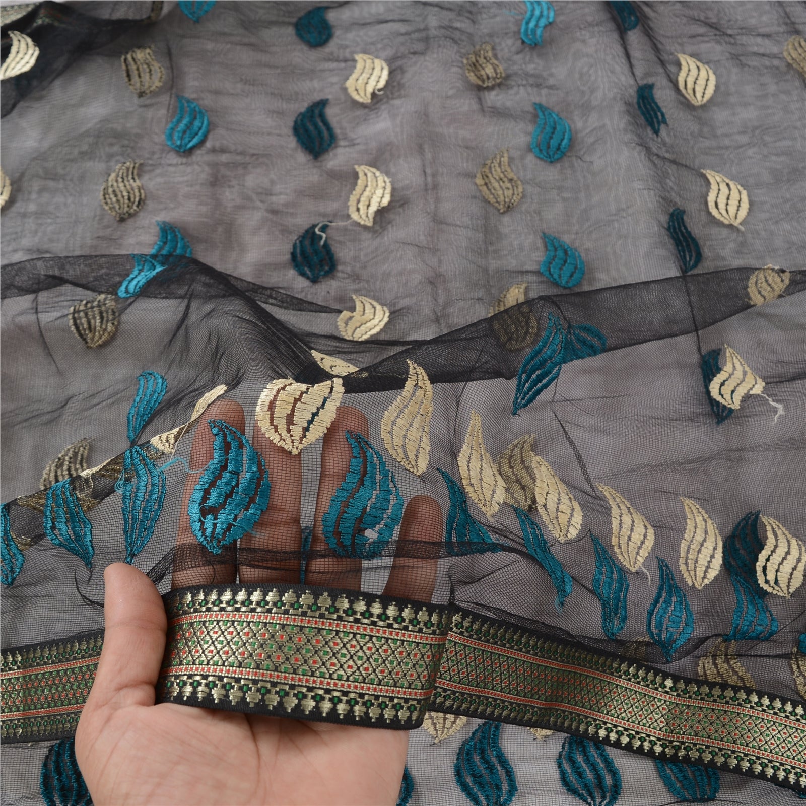 Sanskriti Vintage Black Dupatta Long Stole Net Mesh Embroidered Premium Scarves