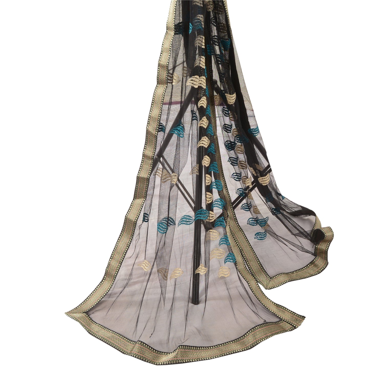 Sanskriti Vintage Black Dupatta Long Stole Net Mesh Embroidered Premium Scarves