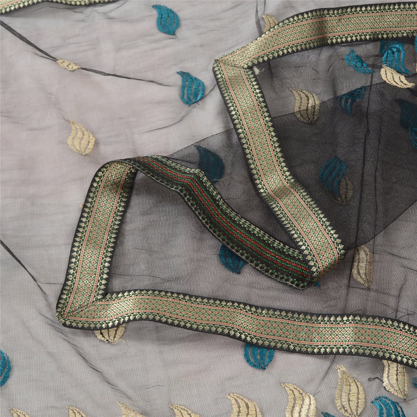 Sanskriti Vintage Black Dupatta Long Stole Net Mesh Embroidered Premium Scarves