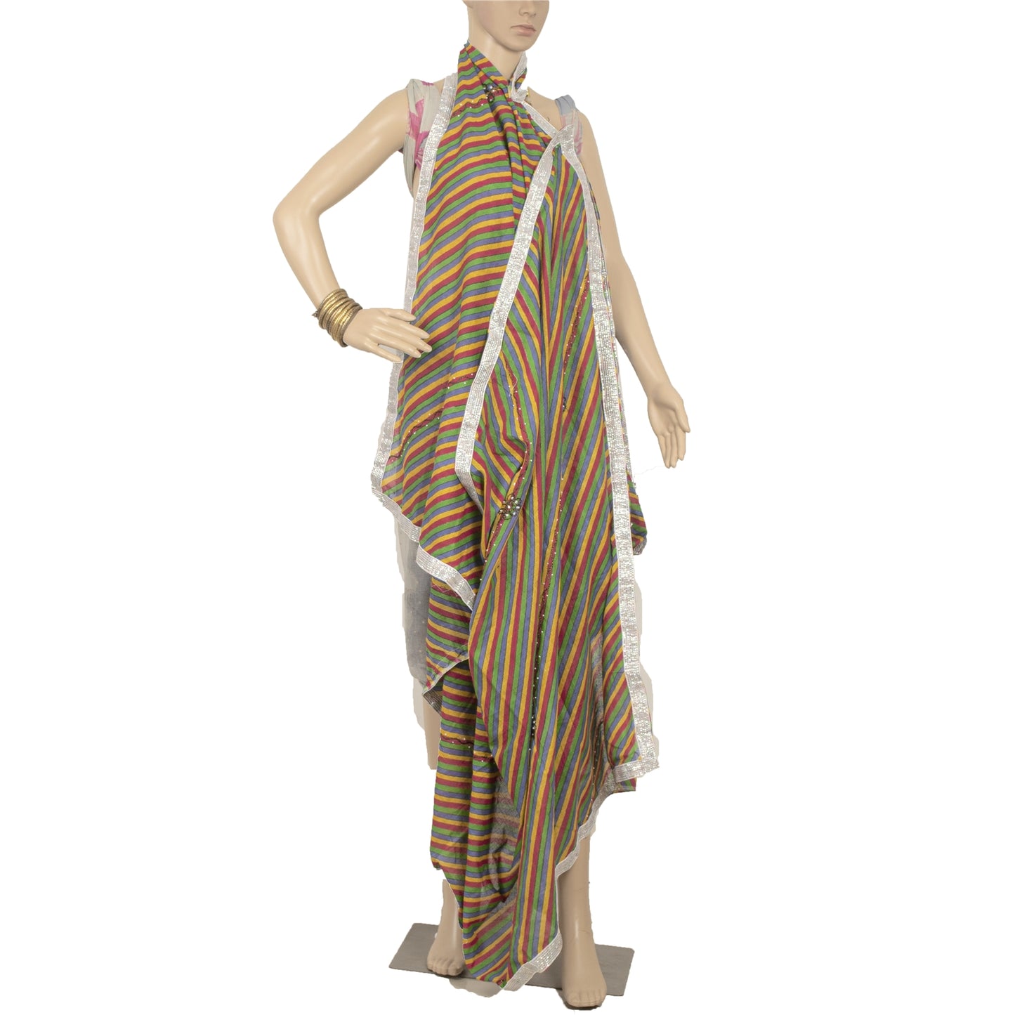 Sanskriti Vintage Dupatta Long Stole Pure Cotton Hand Beaded Leheria Shawl Veil
