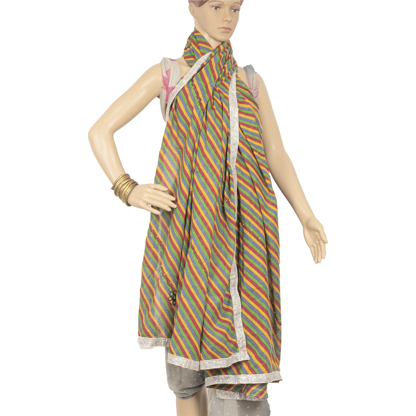 Sanskriti Vintage Dupatta Long Stole Pure Cotton Hand Beaded Leheria Shawl Veil