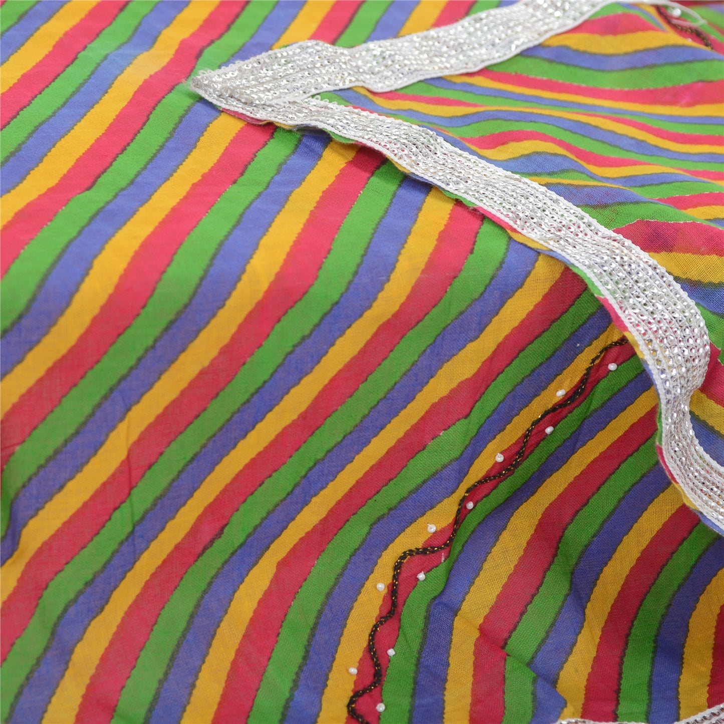 Sanskriti Vintage Dupatta Long Stole Pure Cotton Hand Beaded Leheria Shawl Veil