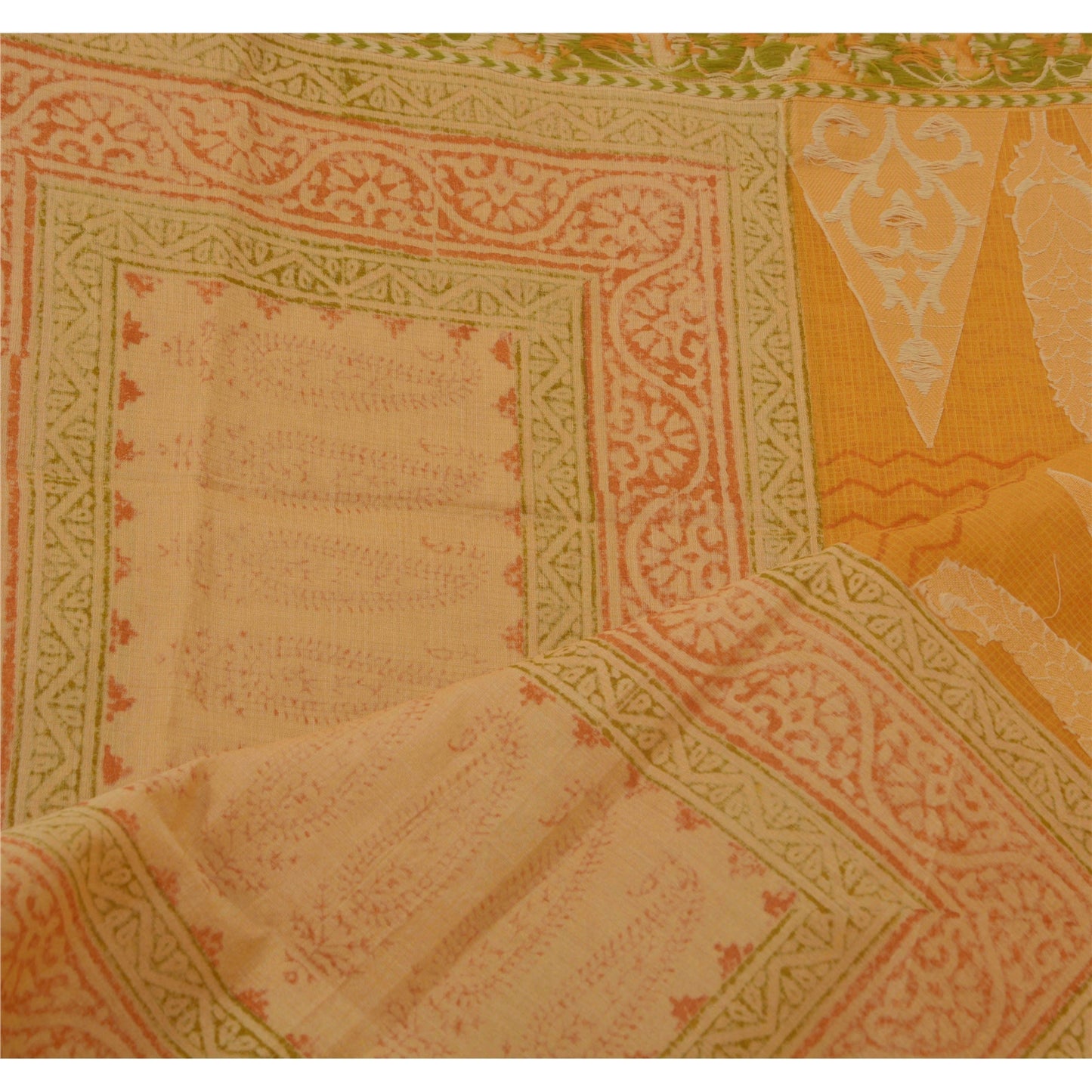 Sanskriti Vintage Dupatta Long Stole Blend Cotton Saffron Block Printed Veil
