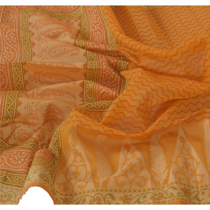 Sanskriti Vintage Dupatta Long Stole Blend Cotton Saffron Block Printed Veil