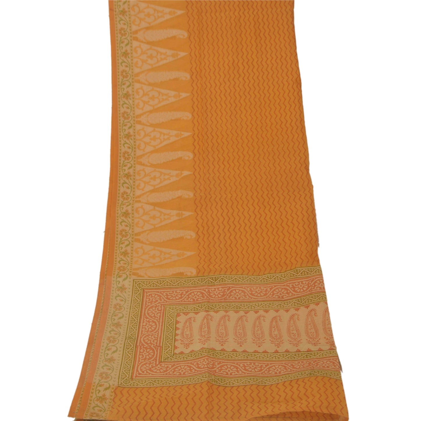 Sanskriti Vintage Dupatta Long Stole Blend Cotton Saffron Block Printed Veil
