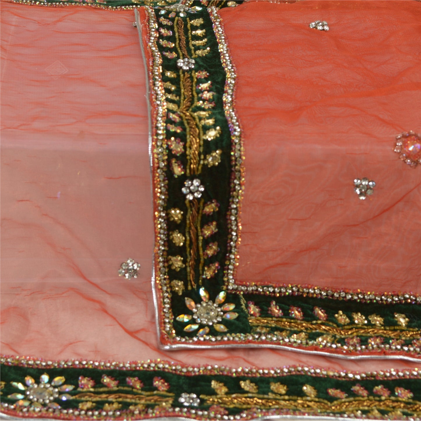 Sanskriti Vintage Dupatta Long Stole Net Mesh Orange Hijab Hand Beaded Wrap Veil