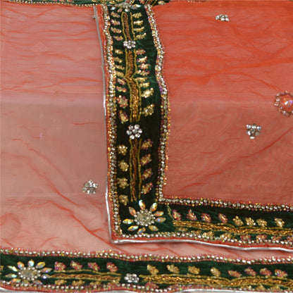 Sanskriti Vintage Dupatta Long Stole Net Mesh Orange Hijab Hand Beaded Wrap Veil