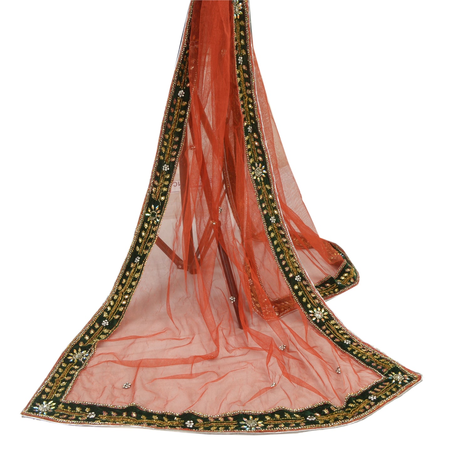 Sanskriti Vintage Dupatta Long Stole Net Mesh Orange Hijab Hand Beaded Wrap Veil