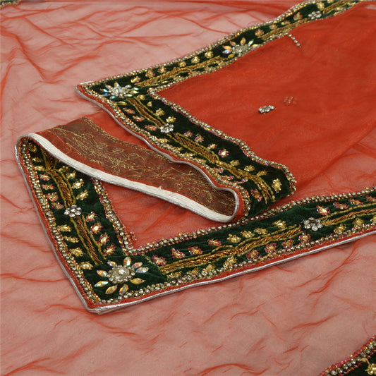 Sanskriti Vintage Dupatta Long Stole Net Mesh Orange Hijab Hand Beaded Wrap Veil