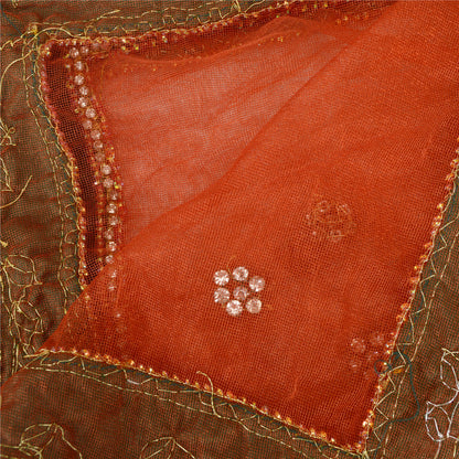 Sanskriti Vintage Dupatta Long Stole Net Mesh Orange Hijab Hand Beaded Wrap Veil