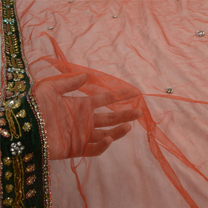 Sanskriti Vintage Dupatta Long Stole Net Mesh Orange Hijab Hand Beaded Wrap Veil