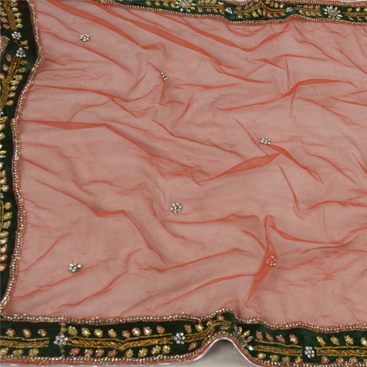 Sanskriti Vintage Dupatta Long Stole Net Mesh Orange Hijab Hand Beaded Wrap Veil