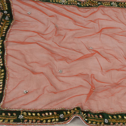 Sanskriti Vintage Dupatta Long Stole Net Mesh Orange Hijab Hand Beaded Wrap Veil