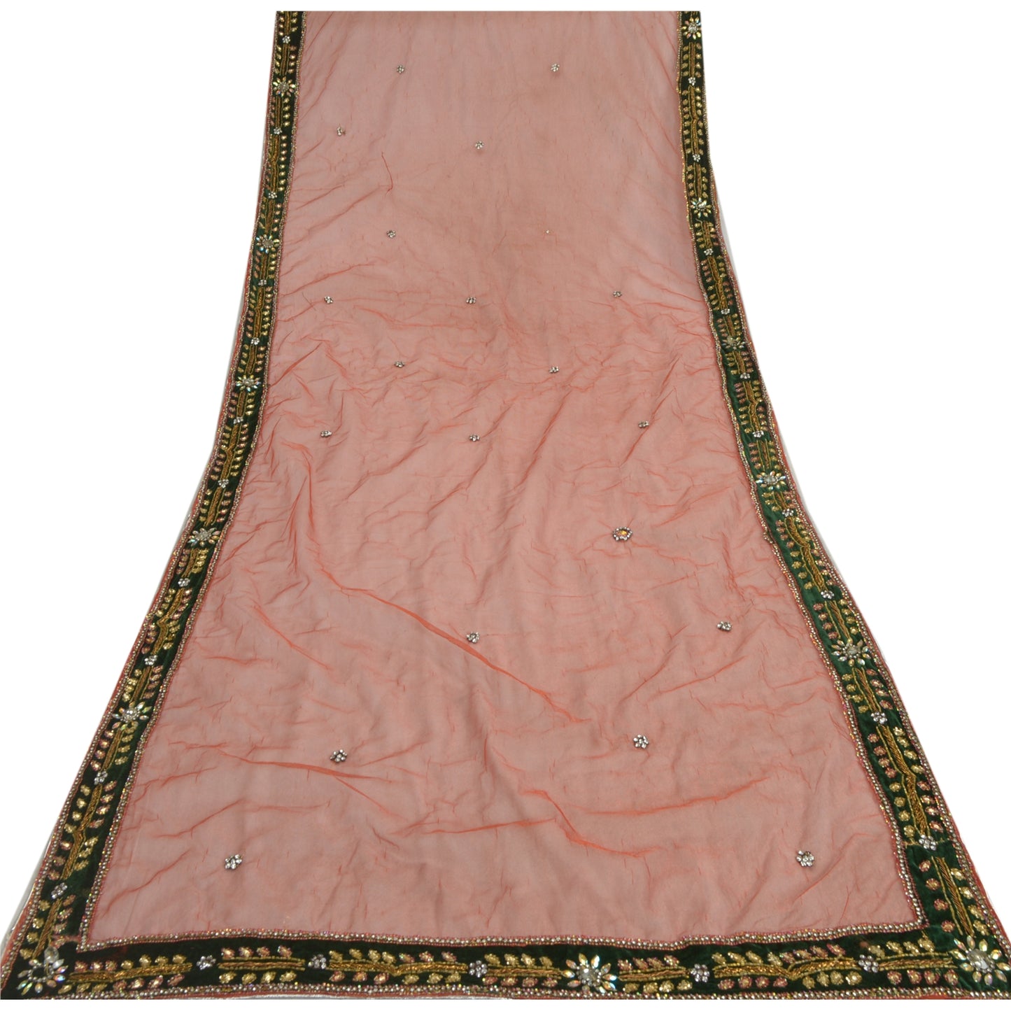 Sanskriti Vintage Dupatta Long Stole Net Mesh Orange Hijab Hand Beaded Wrap Veil