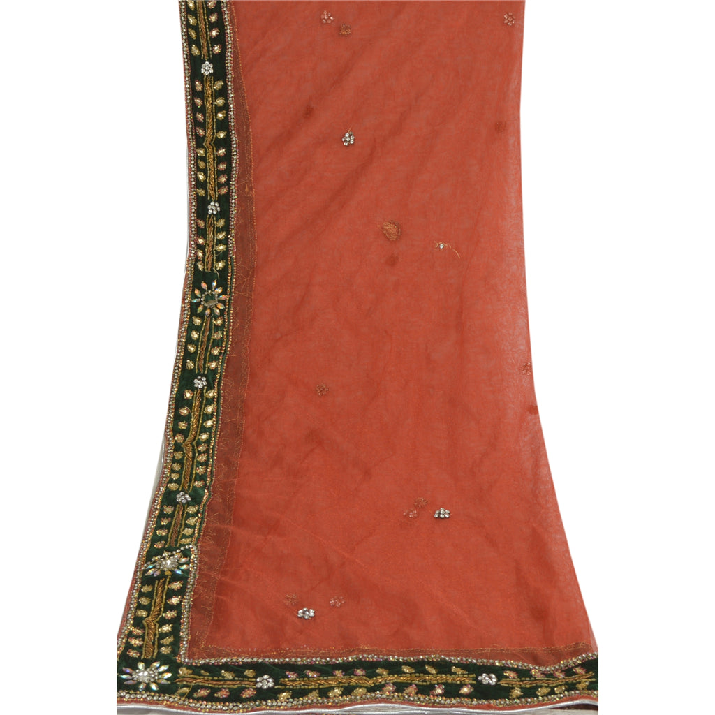 Sanskriti Vintage Dupatta Long Stole Net Mesh Orange Hijab Hand Beaded Wrap Veil