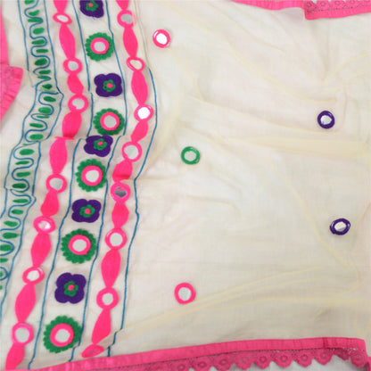 Sanskriti Vintage Cream Dupatta Long Stole Net Mesh Hand Embroidered Wrap Hijab