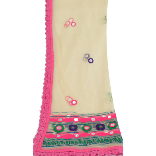 Sanskriti Vintage Cream Dupatta Long Stole Net Mesh Hand Embroidered Wrap Hijab
