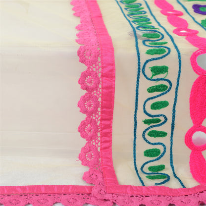 Sanskriti Vintage Cream Dupatta Long Stole Net Mesh Hand Embroidered Wrap Hijab