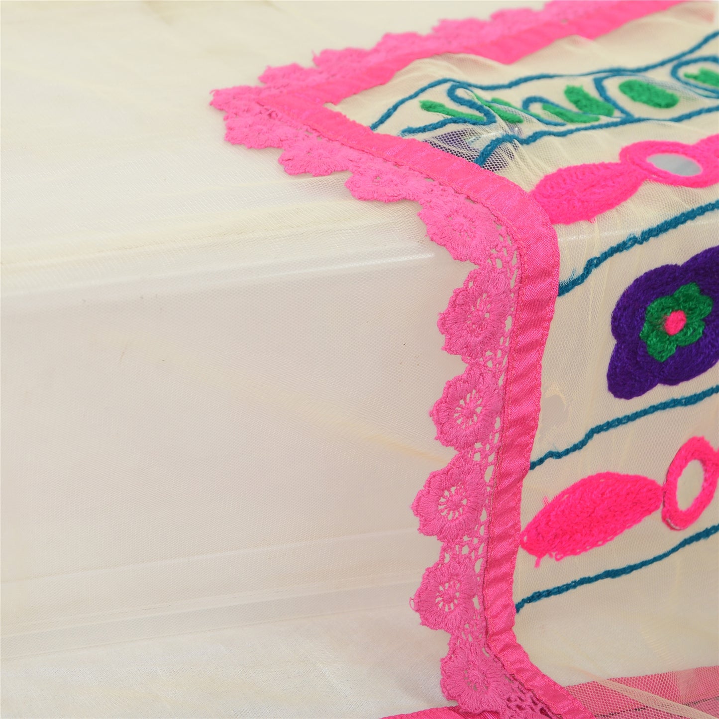 Sanskriti Vintage Cream Dupatta Long Stole Net Mesh Hand Embroidered Wrap Hijab