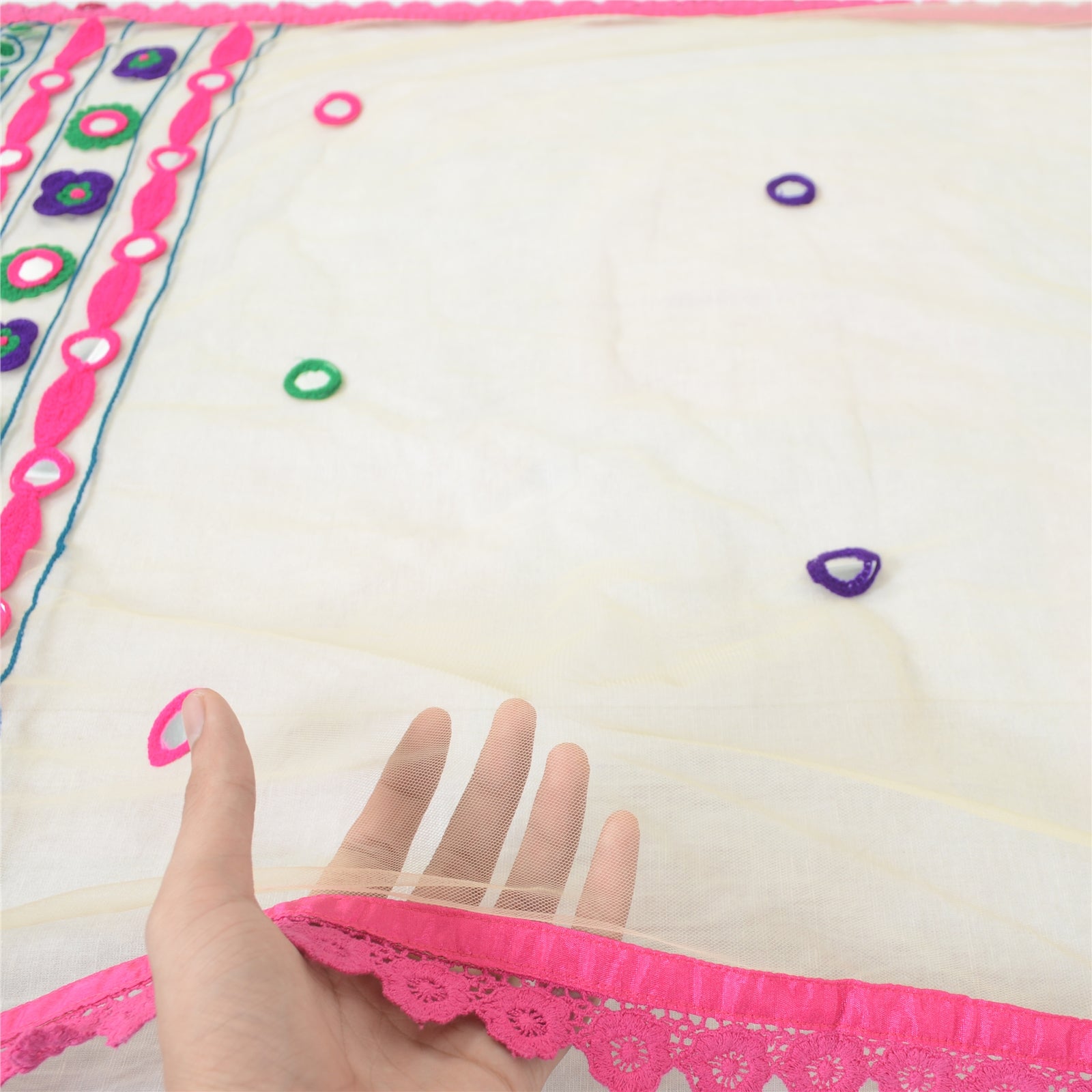 Sanskriti Vintage Cream Dupatta Long Scarf Net Mesh Hand Embroidered Indian Heritage Textile Women Traditional Dress Craft Material