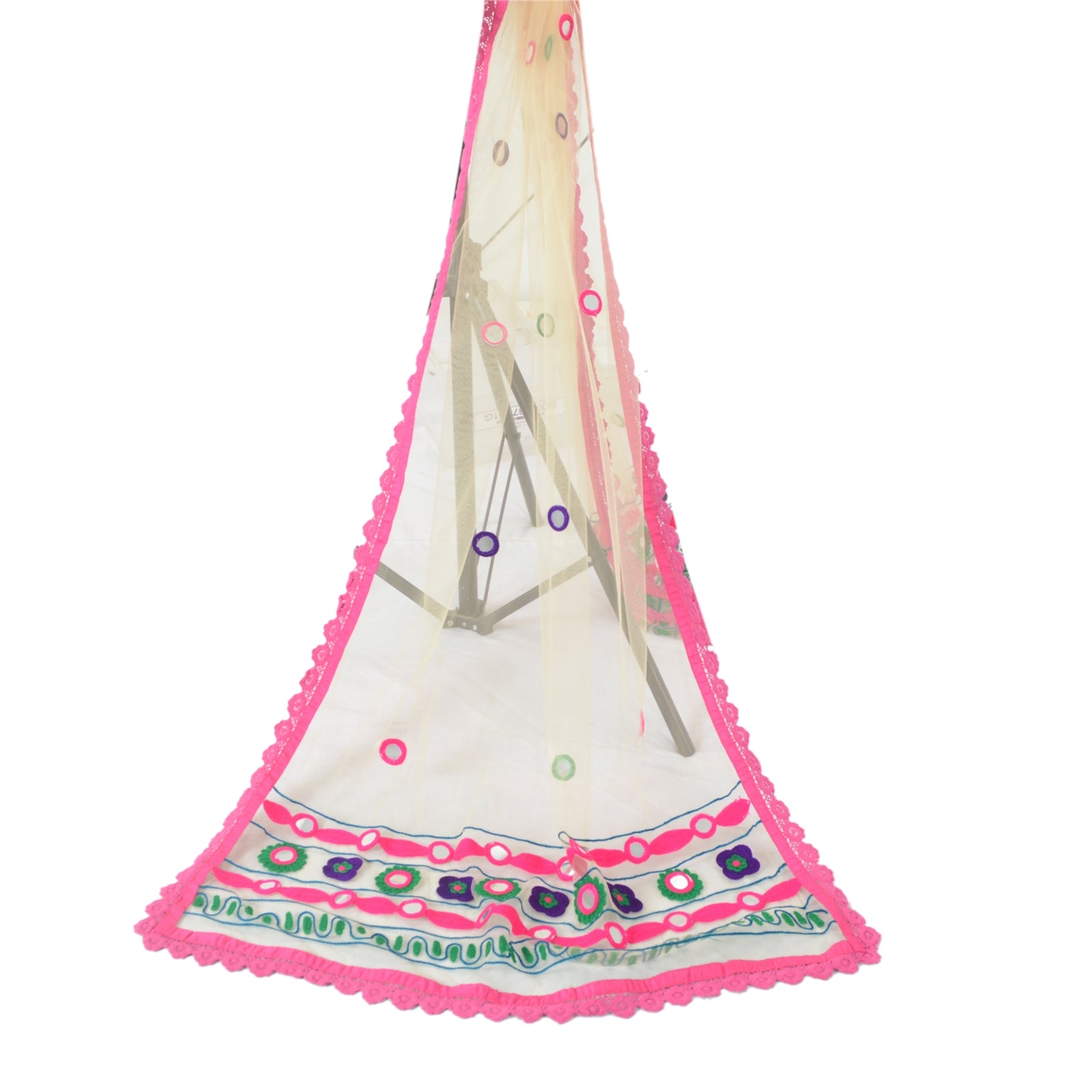 Sanskriti Vintage Cream Dupatta Long Scarf Net Mesh Hand Embroidered Indian Heritage Textile Women Traditional Dress Craft Material